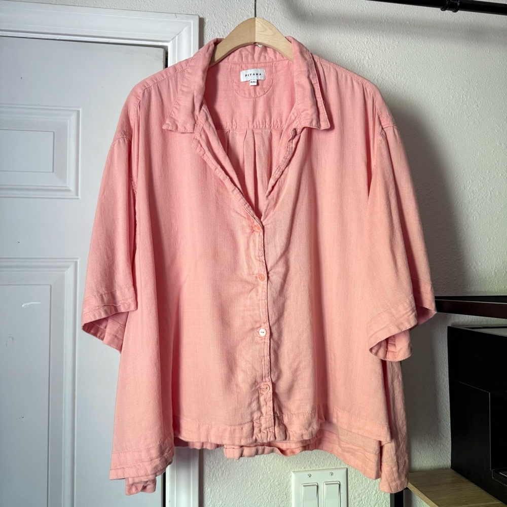 PIYAMA peach pink cotton lyocell boxy oversized button up short sleeve shirt top
